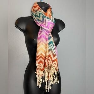 100% Pashmina Wool Scarf Pastel Zig Zag Pattern 27x68 *Flaw*